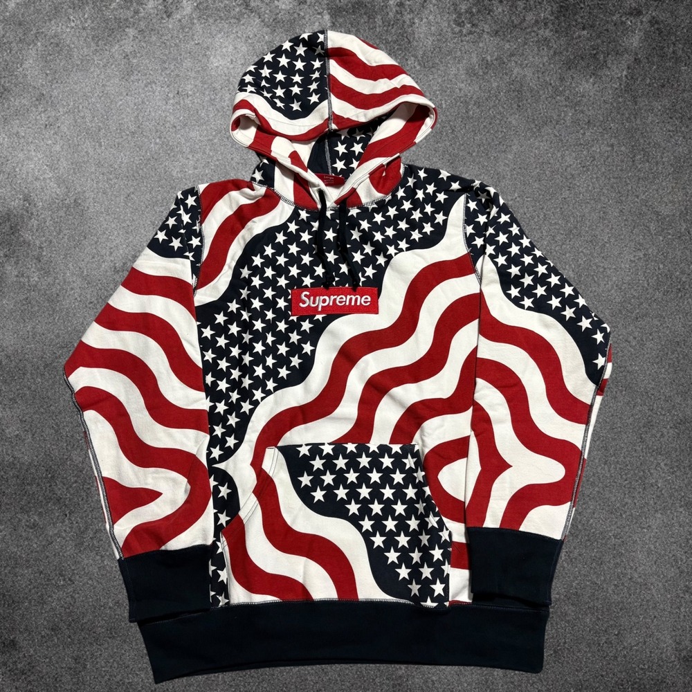 Supreme Box Logo Hooded Sweatshirt Men Large USA American Flag FW14 Stars Print